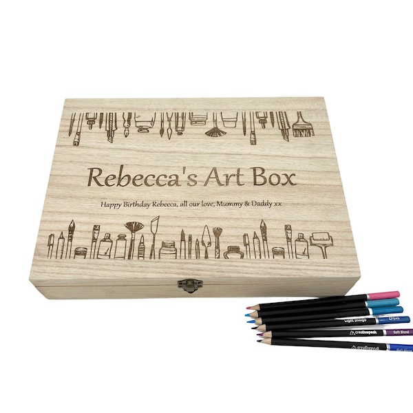 Personalised Large Art Box with engraved message, gift idea for art lovers, artists for storing paintbrushes or pencils.