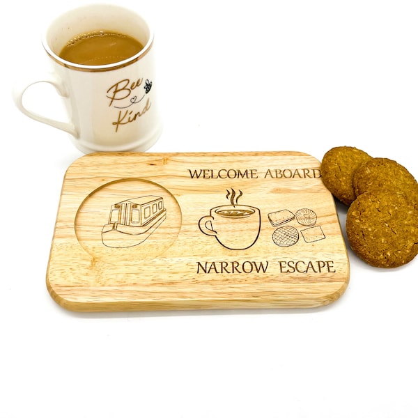 Personalised Narrowboat, Canal boat gift. Tea, Coffee & Biscuits tray engraved with boat name. Ideal boating gift