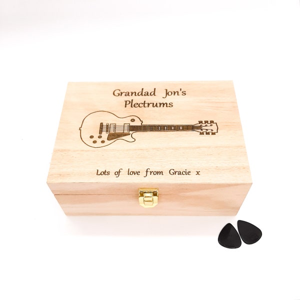 Personalised Plectrum & Guitar picks box with engraved message. 4 compartments. Music lover, guitar player gift. Dad, husband, grandad