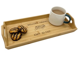 Personalised Narrowboat serving tray, bamboo lap tray engraved with boat name. Boaters & Boating gift idea