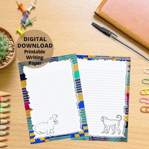 African Safari Wildlife Animals Carta escrita para impressão A4 folhas de papel de papelaria, Kente Border Digital Download Notepaper Conjunto estacionário