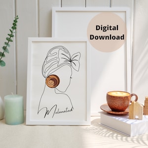May include: Line art print of a woman with a headscarf and large earrings. The text "Melanated" is written below the image.