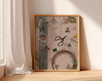 Autumn Wreath Making Flat Lay Print, Cosy Botanical Craft Scene (Digital Download)