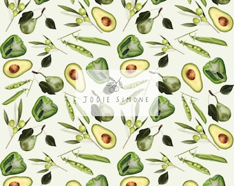 Green Produce Seamless Pattern, Avocado Pear Olive Pea Pepper Fabric Design (Digital Download)
