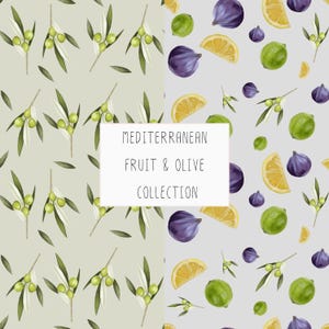 Könnte beinhalten: Ein Muster mit Olivenzweigen mit grünen Oliven und Blättern, zusammen mit Feigen, Zitronen und Limetten. Der Text "Mediterranean Fruit & Olive Collection" befindet sich auf einem weißen Rechteck vor hellgrauem Hintergrund.