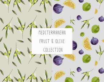 Mediterranean Pattern Bundle, Olive Sprig & Citrus Fruit Seamless Designs, Botanical Fabric Collection, Kitchen Digital Paper Set