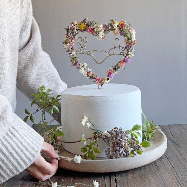 Dried Flowers Initials Heart Cake Topper | Customised Flowers
