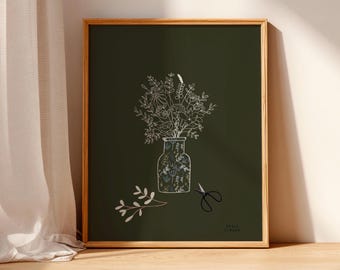 Wildflower Vase Line Art Print, Botanical Illustration, Dark Green Cottagecore Wall Art (Digital Download)