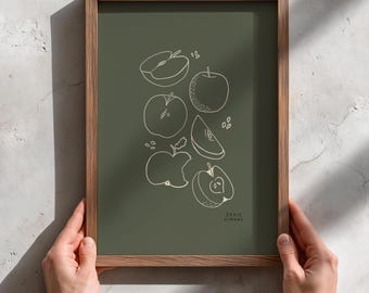 Apple Illustration Print – Botanical Line Drawing, Cream Apples Dark Green (Digital Download)