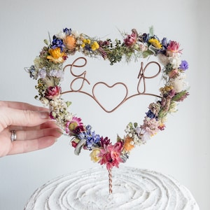 Wildflower Dried Flowers Initials Heart Cake Topper | Personalised Wedding Cake Topper