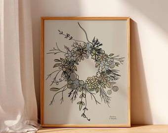 Loose Floral Wreath Watercolour Sketch Print, Botanical Art (Digital Download)
