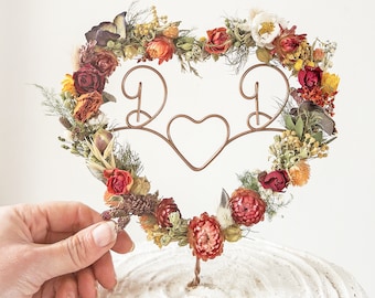 Autumn Style Dried Flowers Initials Heart Cake Topper | Personalised Wedding Cake Topper