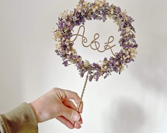 Personalised Round Dried Flower Wreath Wedding Cake Topper