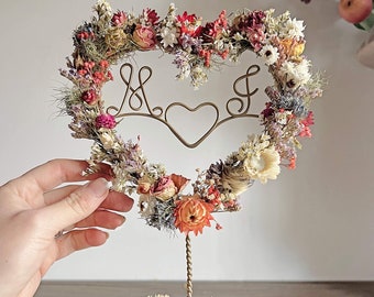 Dried Flowers Initials Heart Cake Topper | Personalised Wedding Cake Topper