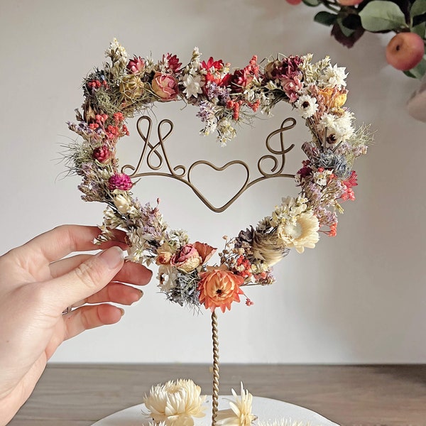 Dried Flowers Initials Heart Cake Topper | Personalised Wedding Cake Topper