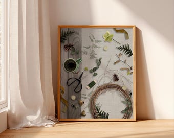 Winter Wreath Making Flat Lay Print, Cosy Botanical Craft Scene (Digital Download)
