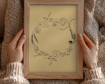 Seasonal Floral Wreath Line Art Print, Botanical Illustration, Mustard Yellow Background (Digital Download)