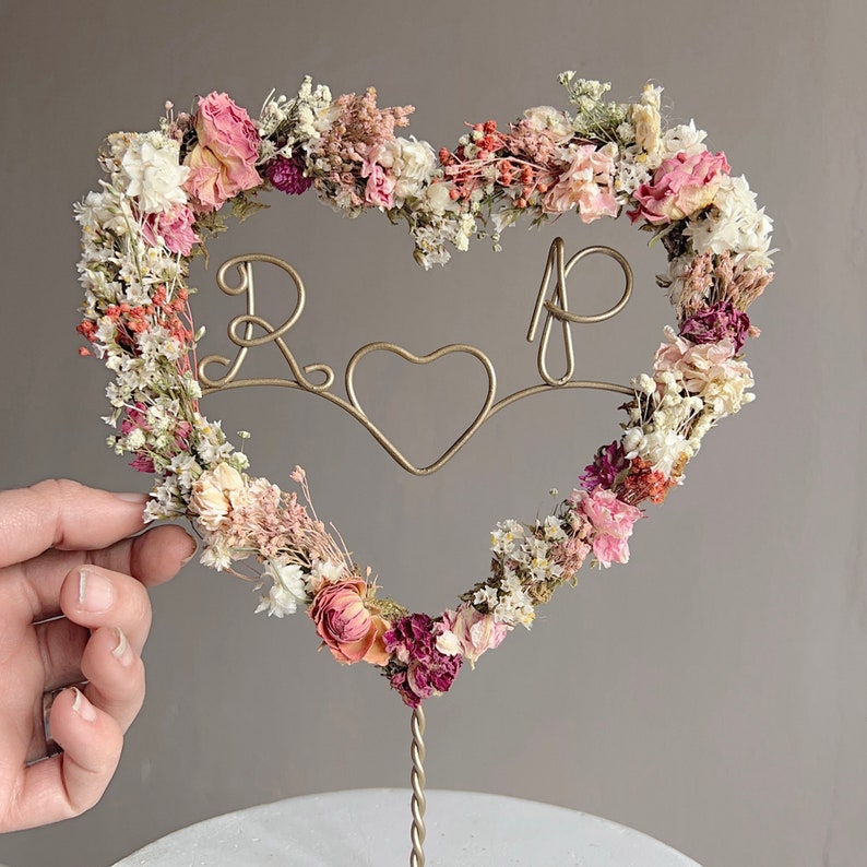 Dried Flowers Initials Heart Cake Topper Personalised Wedding Cake Topper image 6