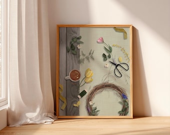 Botanical Wreath Making Flat Lay Print, Cosy Spring Craft Scene (Digital Download)