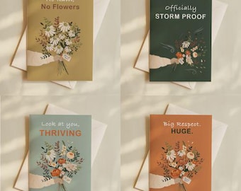Set of Four Encouragement Greeting Cards, Inspirational Cards, Modern Blue Botanical Gift Card, Illustrated Flower Note Card