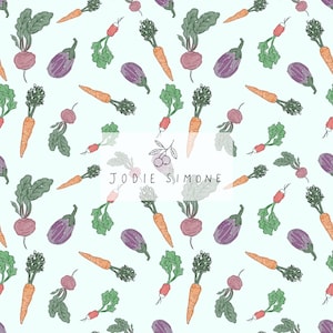 Puede incluir: Un fondo azul claro con un patrón repetido de verduras dibujadas a mano. El patrón incluye zanahorias naranjas, berenjenas moradas, rábanos rojos y remolachas moradas con hojas verdes. El texto "JODIE SIMONE" está en el centro.