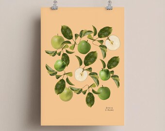English Orchard Apple Illustration Print – Botanical Study, Apricot Background (Digital Download)