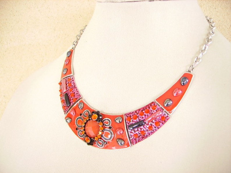 boho necklace extension Rhinestones Ethnic resin cabochon silver chain ceramic red bib necklace women/'s fashion jewelry enamel