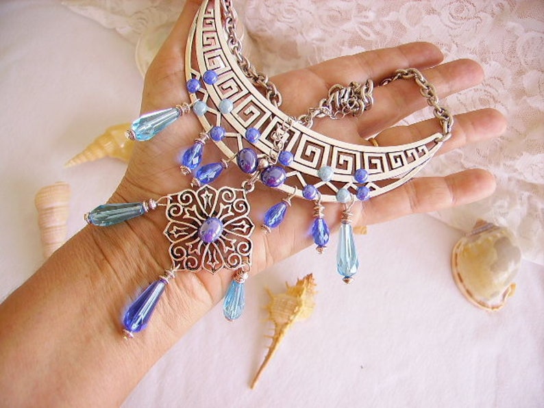 women/'s fashion Tibetan pendant silver Choker blue glass bib necklace ethnic turquoise Pearl Jewelry ceramic cabochon