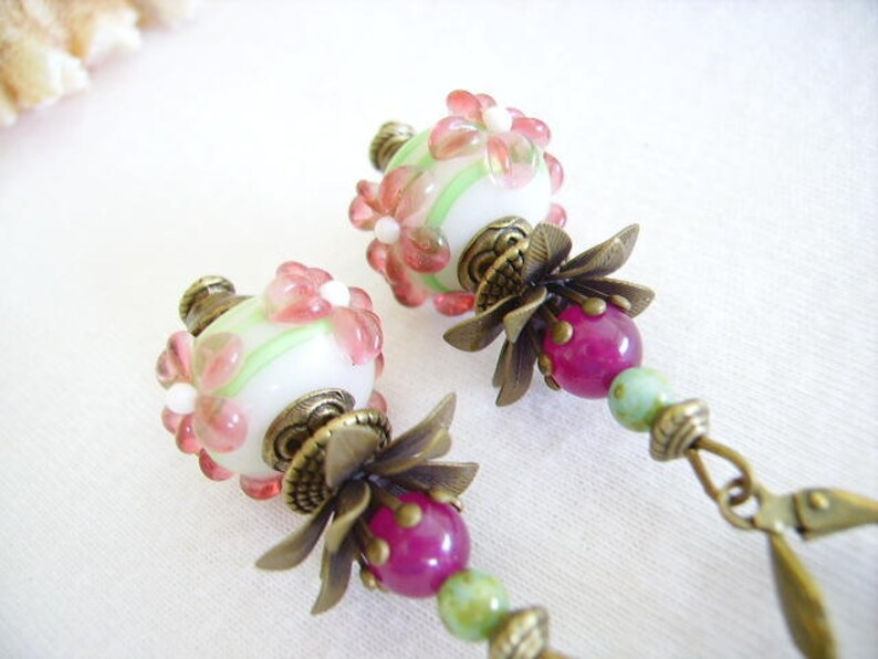 Plum glass Earrings creation lampwork Tibetan Cup Stud Earrings green round women/'s fashion jewelry brass White Pearl bead