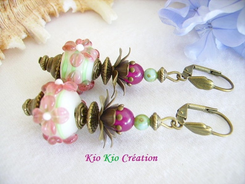 Plum glass Earrings creation lampwork Tibetan Cup Stud Earrings green round women/'s fashion jewelry brass White Pearl bead