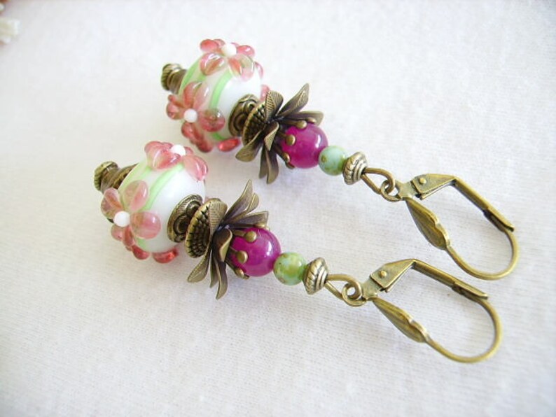 Plum glass Earrings creation lampwork Tibetan Cup Stud Earrings green round women/'s fashion jewelry brass White Pearl bead