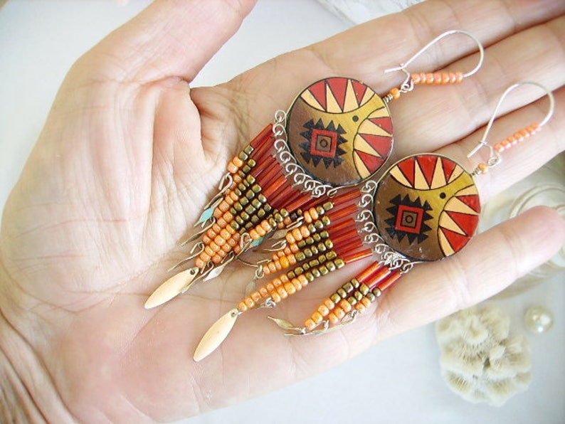 red salmon women/'s fashion jewelry ethnic resin sequin wood sleeper painted seed beads silver hippie black Brown Earrings