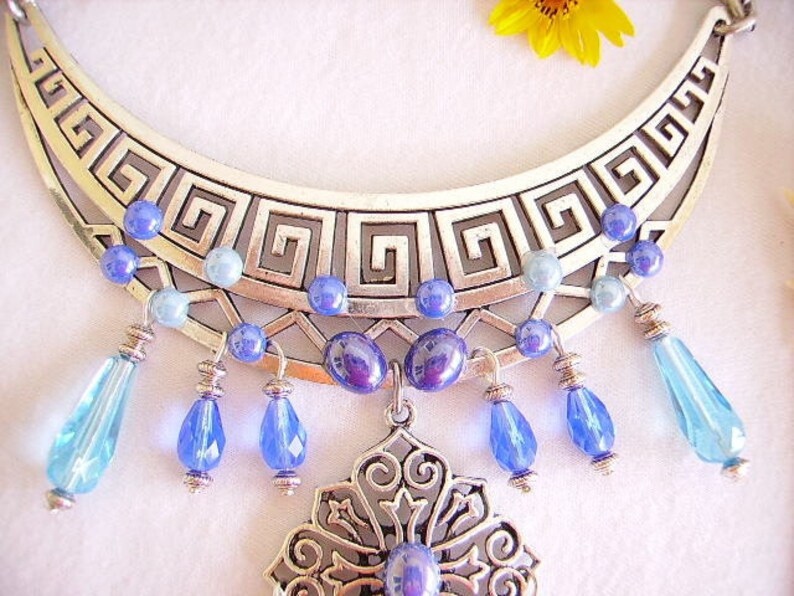 women/'s fashion Tibetan pendant silver Choker blue glass bib necklace ethnic turquoise Pearl Jewelry ceramic cabochon