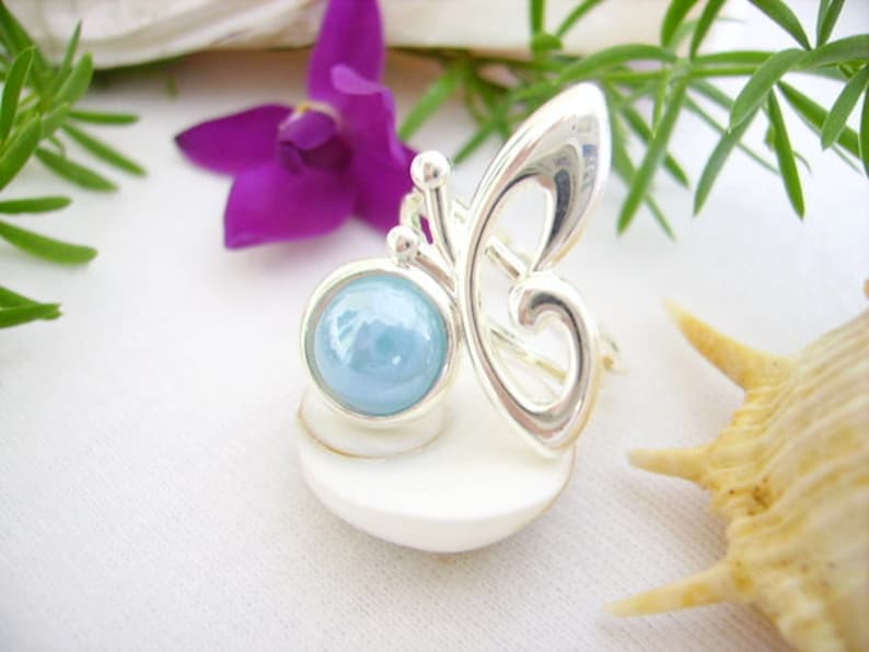 ceramic round cabochon Blue Lagoon glossy open Adjustable ring Butterfly Adjustable ring silver 10 microns women/'s fashion creation jewelry