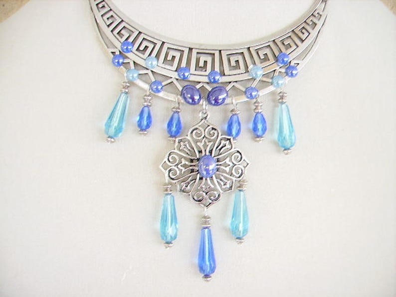 women/'s fashion Tibetan pendant silver Choker blue glass bib necklace ethnic turquoise Pearl Jewelry ceramic cabochon