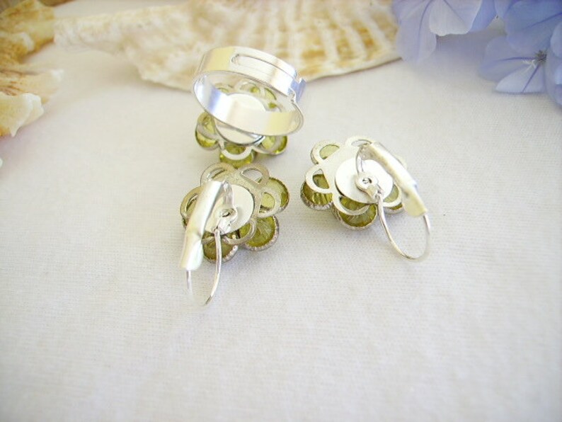 gift idea Set Stud Earrings Adjustable ring women whimsical jewelry Rhinestones green glass cabochon flower silver