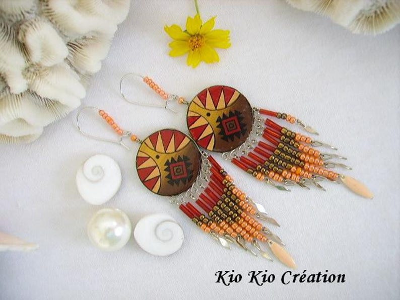 red salmon women/'s fashion jewelry ethnic resin sequin wood sleeper painted seed beads silver hippie black Brown Earrings