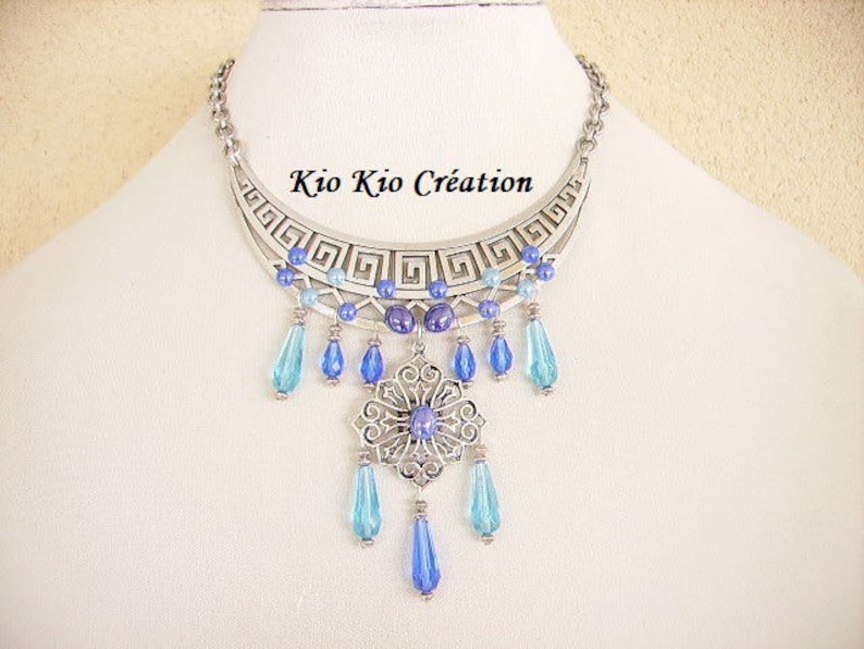 women/'s fashion Tibetan pendant silver Choker blue glass bib necklace ethnic turquoise Pearl Jewelry ceramic cabochon