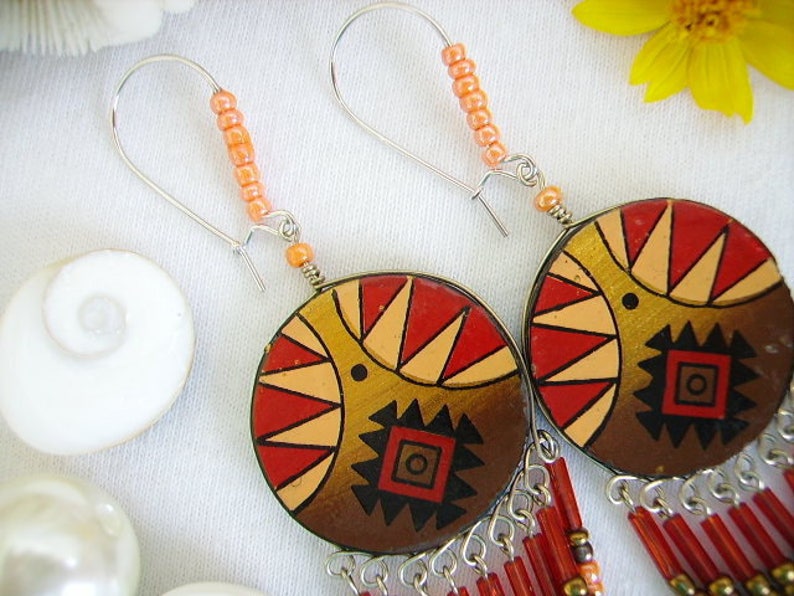 red salmon women/'s fashion jewelry ethnic resin sequin wood sleeper painted seed beads silver hippie black Brown Earrings