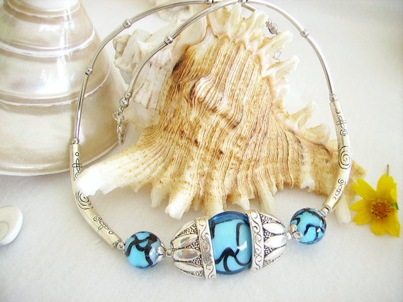 Choker original Tibetan silver turquoise ethnic women/'s fashion jewelry Glass Lampwork Pearl necklace black Cup
