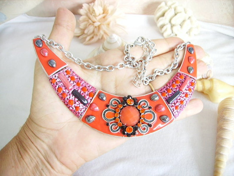 boho necklace extension Rhinestones Ethnic resin cabochon silver chain ceramic red bib necklace women/'s fashion jewelry enamel