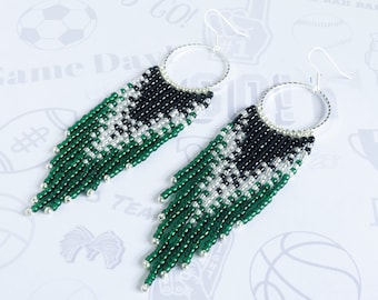 Custom Beaded Team Colors Earrings - Long Fringe Hoop Earrings - Sports Mom Jewelry - Basketball Hockey Baseball Soccer Football - sbc