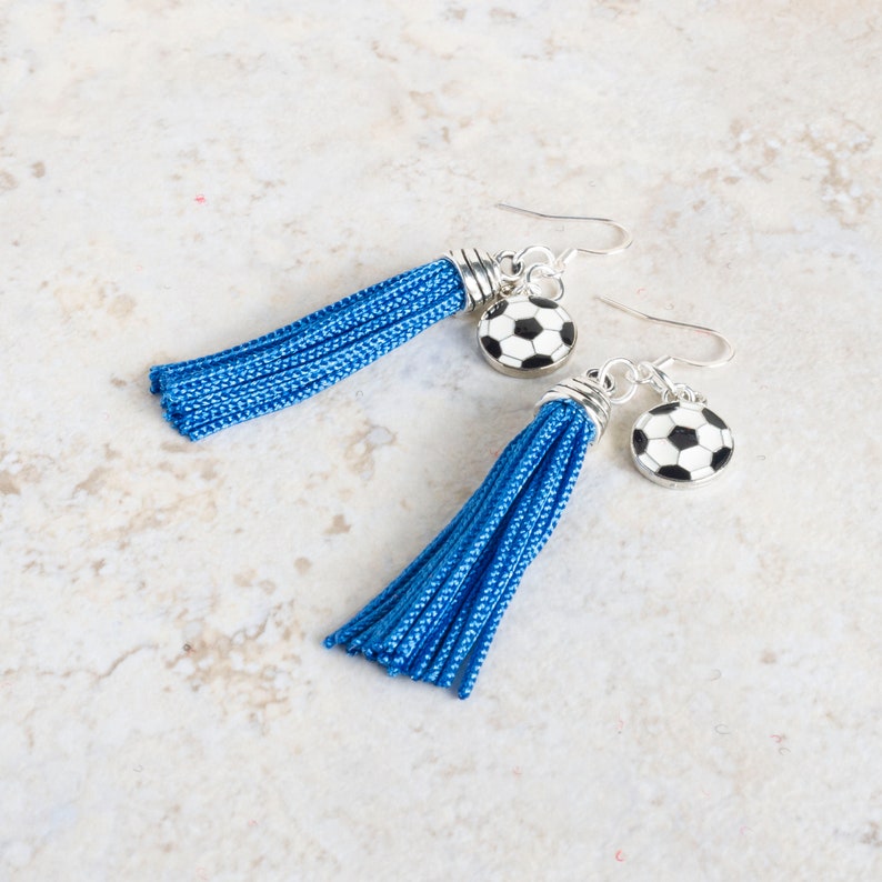 royal blue tassel earrings with black and white soccer ball charms