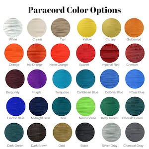 May include: A chart showing 24 different colors of paracord, with the name of each color listed below the corresponding color swatch.