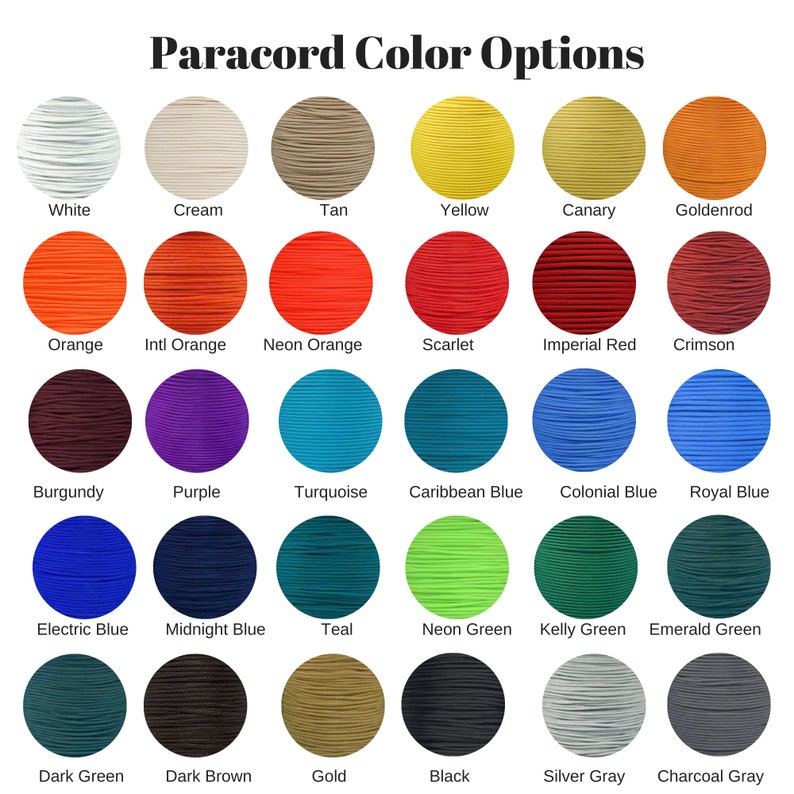 May include: A chart showing 24 different colors of paracord, with the name of each color listed below the corresponding color swatch.