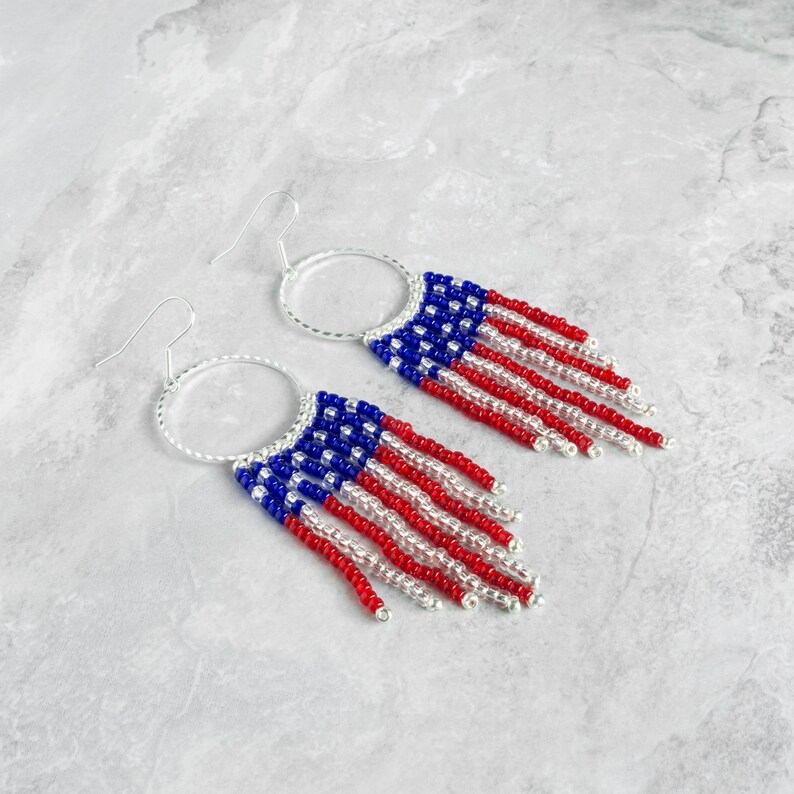 4th of July American Flag Earrings Patriotic Beaded Fringe - Etsy
