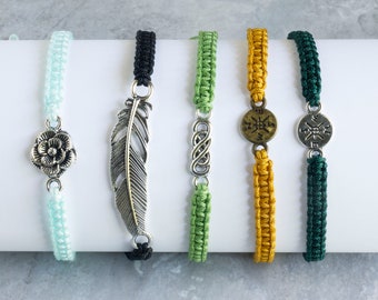 Custom Macramé Charm Bracelet - Fashion Compass Bracelet - Flower Bracelet - Feather Jewelry - Infinity Bracelet - Hiking Gifts