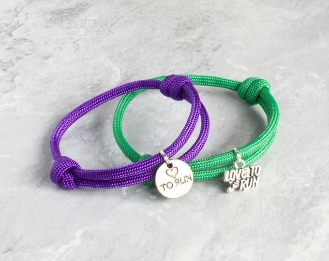 Adjustable Paracord Running Bracelet: "Love to Run" Charm, 30 Colors