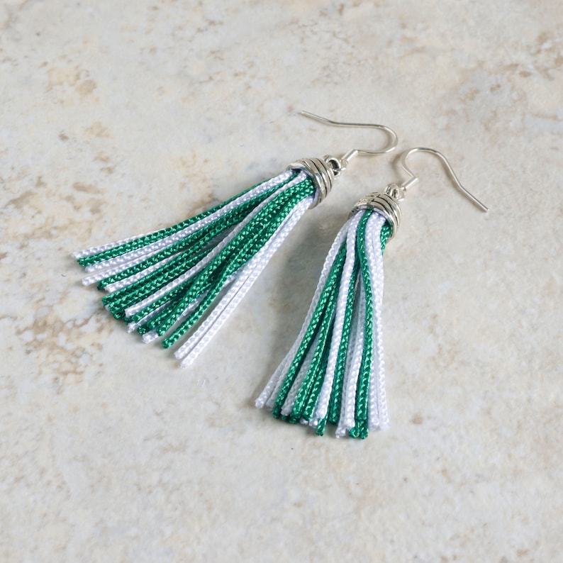 green and white tassel earrings