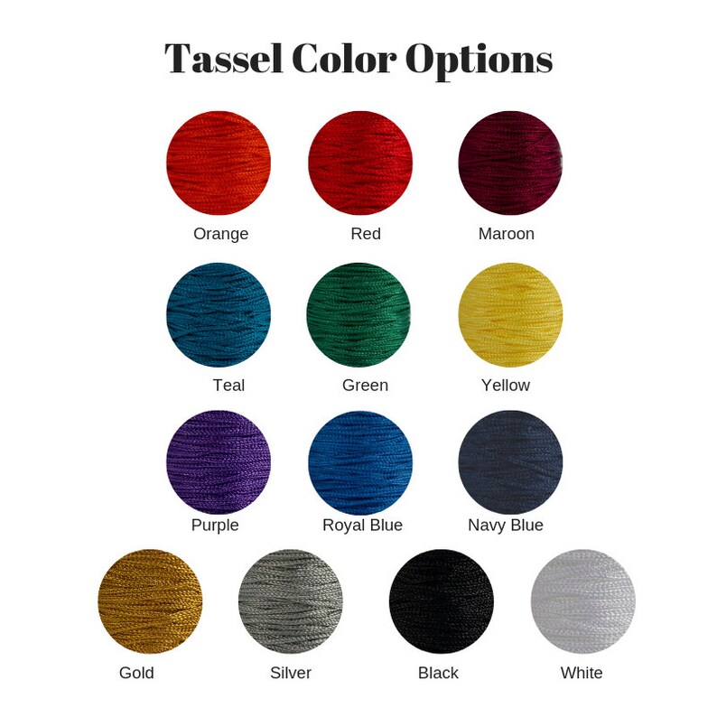 tassel color options chart shows orange, red, maroon, teal, green, yellow, purple, royal blue, navy blue, gold, silver, black and white